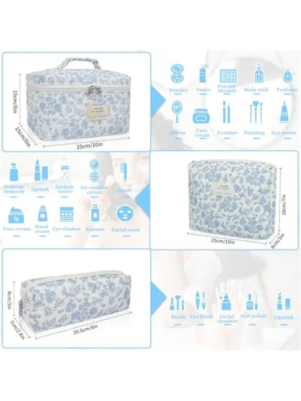 Quilted Floral Makeup Bag Set 3 Piece Cotton Travel Toiletry Organizer for Women